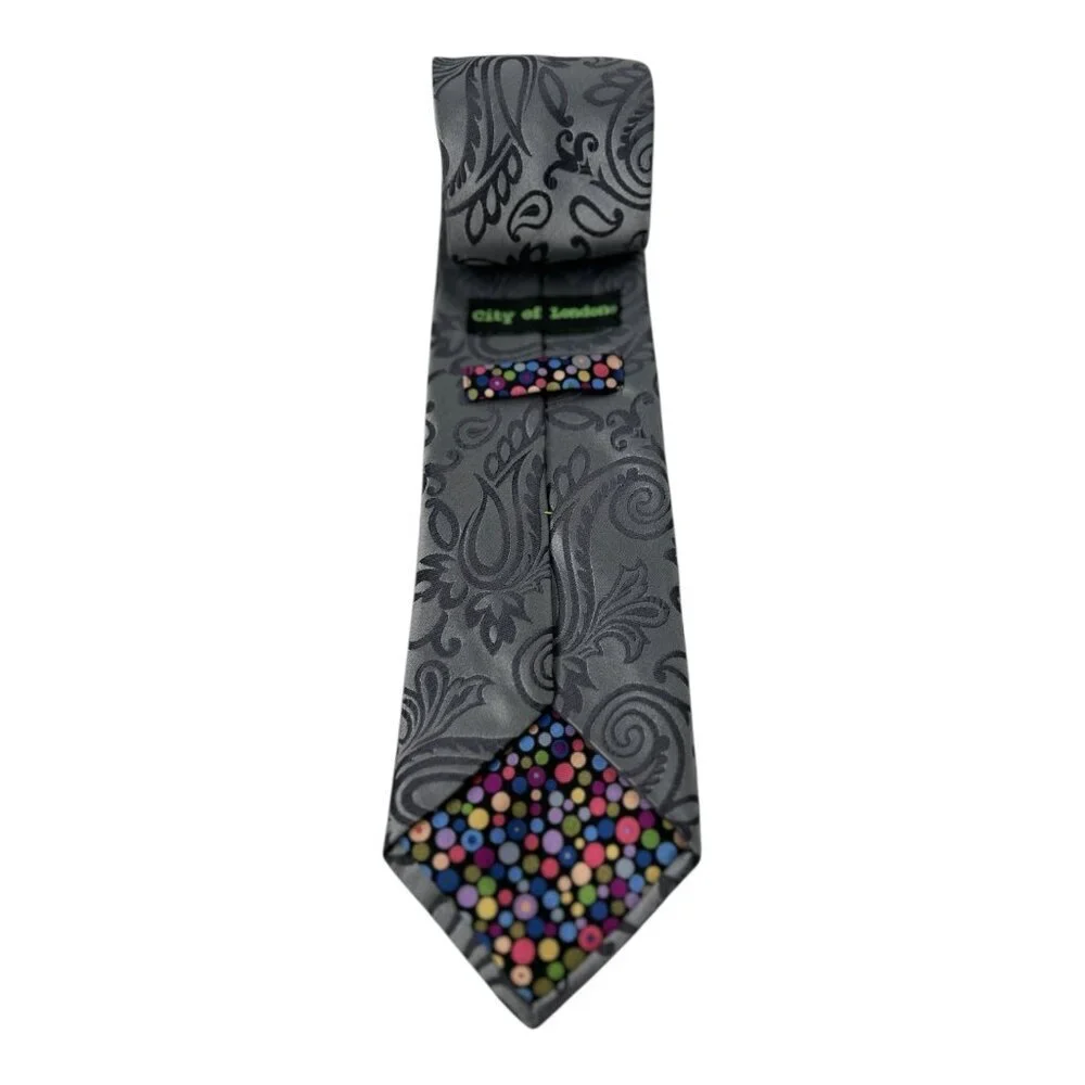 Vintage City of London 100% Silk‎ Men's Tie | Gray | Paisely Print